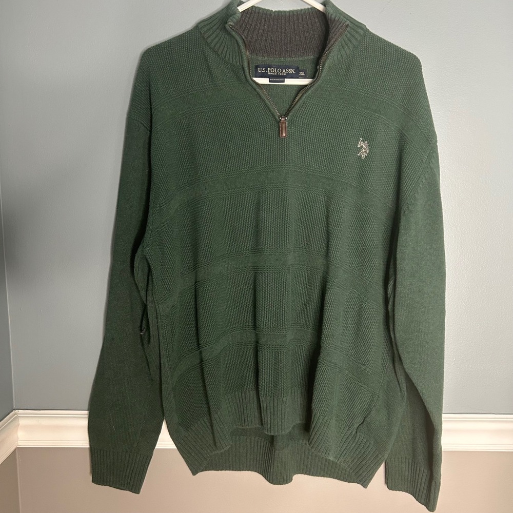 US Polo Assn Mens Green Quarter Zip Sweater‎ Pullover 2XL  preppy layering